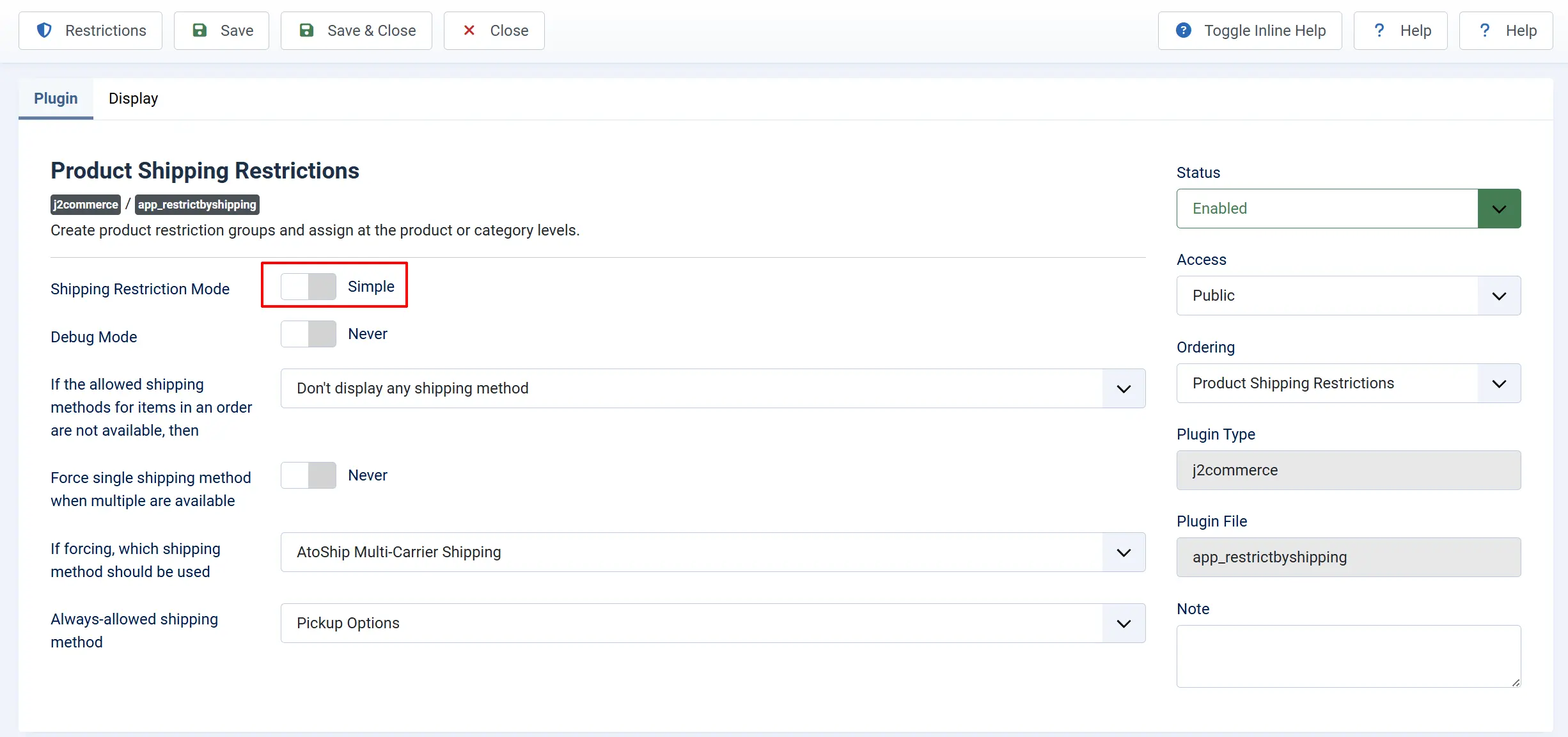 Product Shipping Restrictions settings with the Shipping Restriction Mode switch highlighted as Simple, plus fallback and forced shipping method options