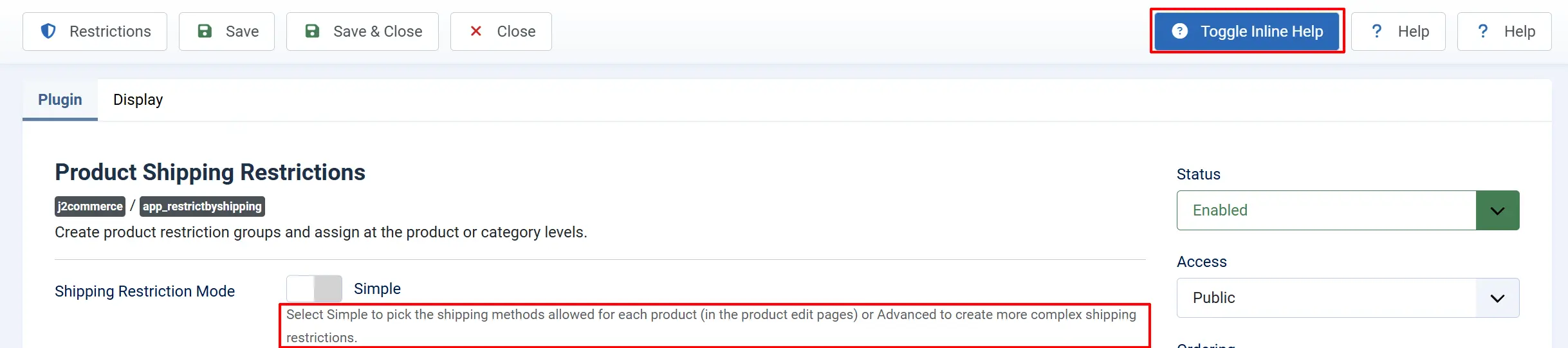 Product Shipping Restrictions settings with Toggle Inline Help highlighted and help text explaining Simple versus Advanced restriction mode