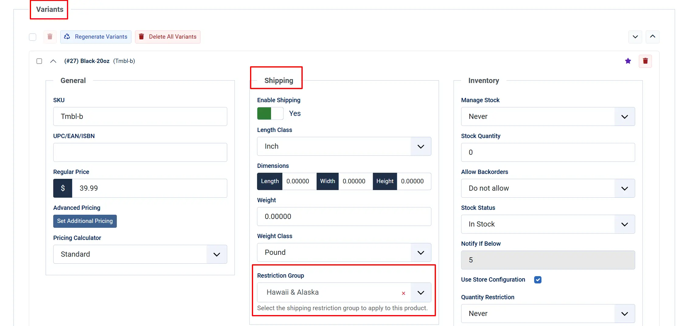 Product variant panel with the Variants heading, Shipping box and Restriction Group dropdown highlighted, set to Hawaii & Alaska