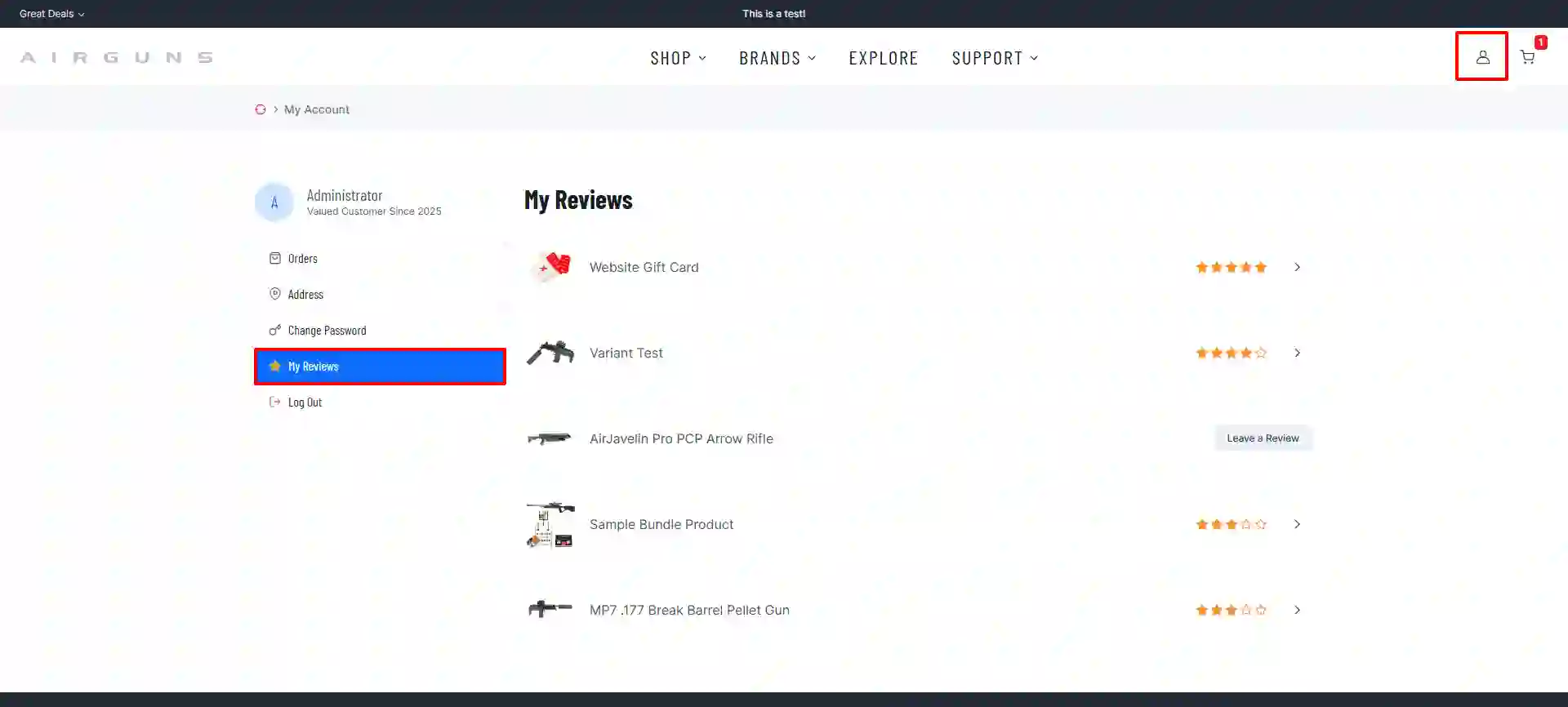 Storefront My Account page, My Reviews tab highlighted in the account menu, listing purchased products with ratings and an account icon highlighted