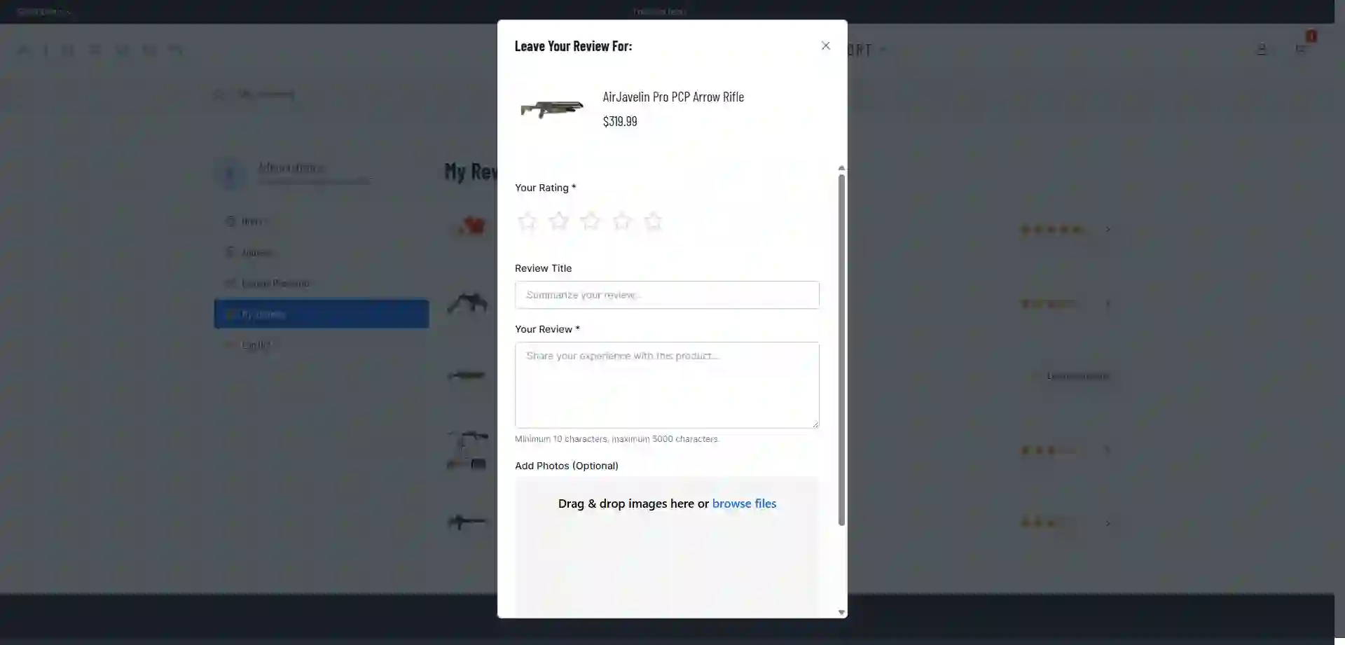 Storefront Leave Your Review For modal for a product, with Your Rating stars, Review Title, Your Review text area and Add Photos upload area