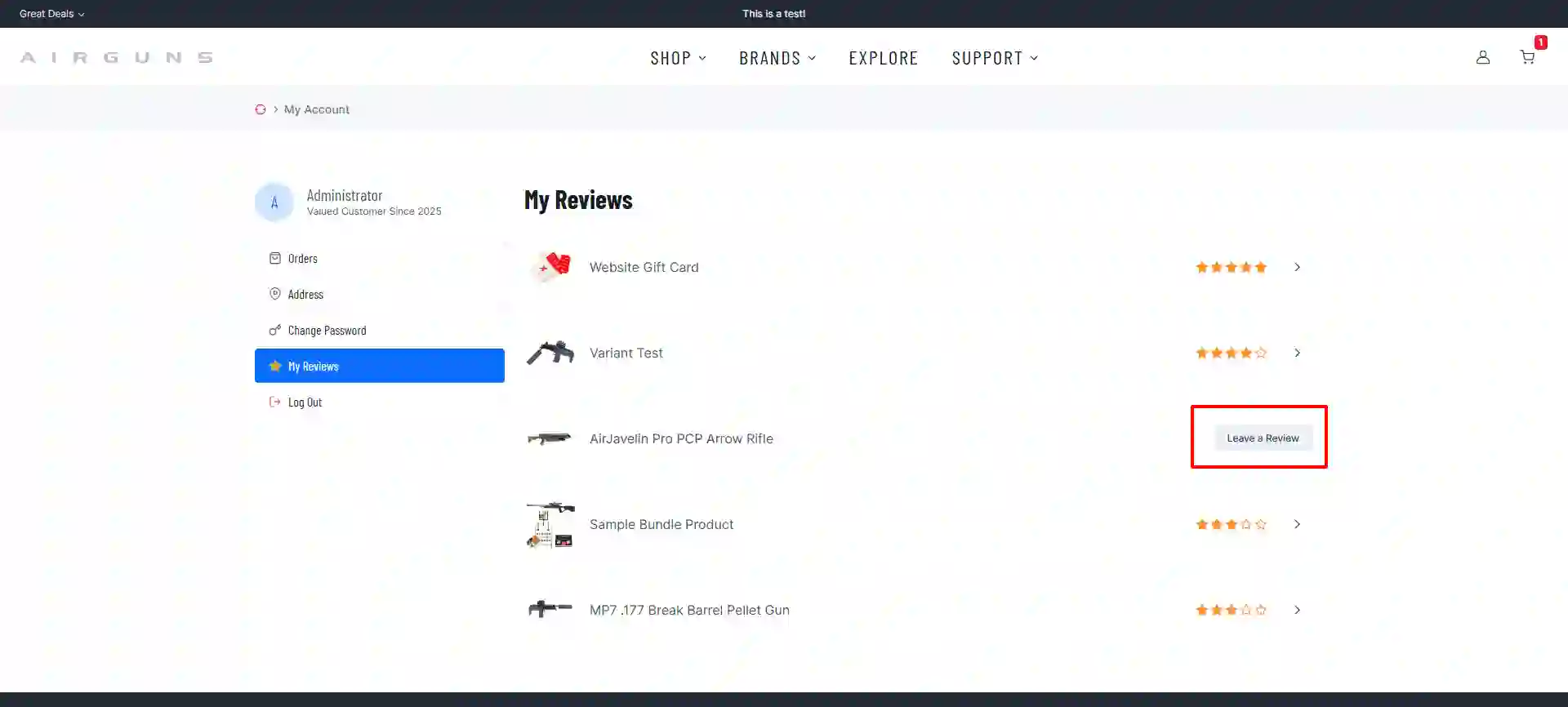 Storefront My Reviews list with the Leave a Review button highlighted on a product that has no review yet, beside rated products