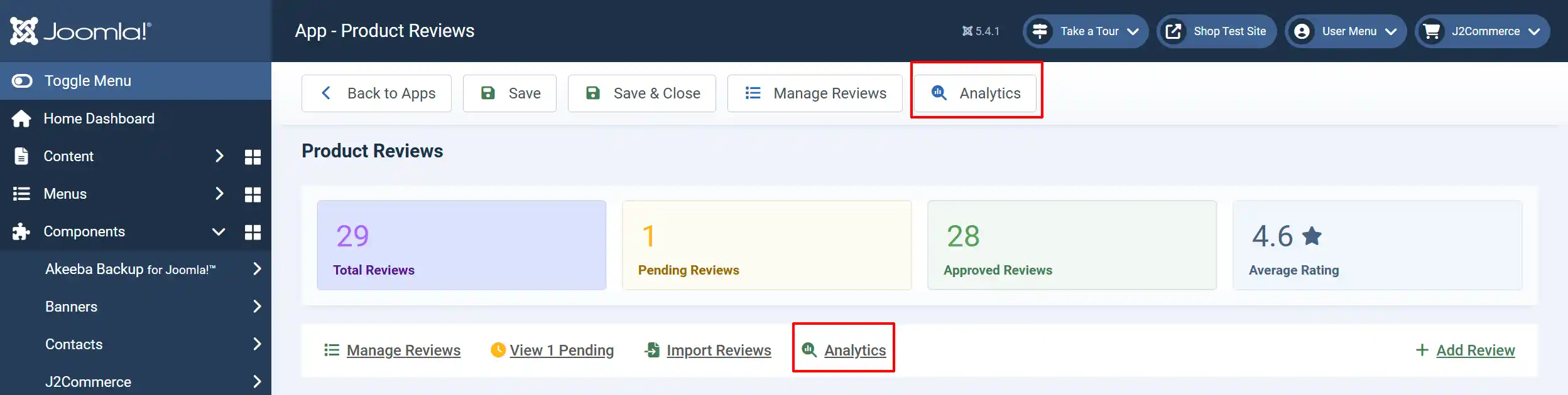 Product Reviews app toolbar and summary cards (Total, Pending, Approved, Average Rating), with both Analytics buttons highlighted