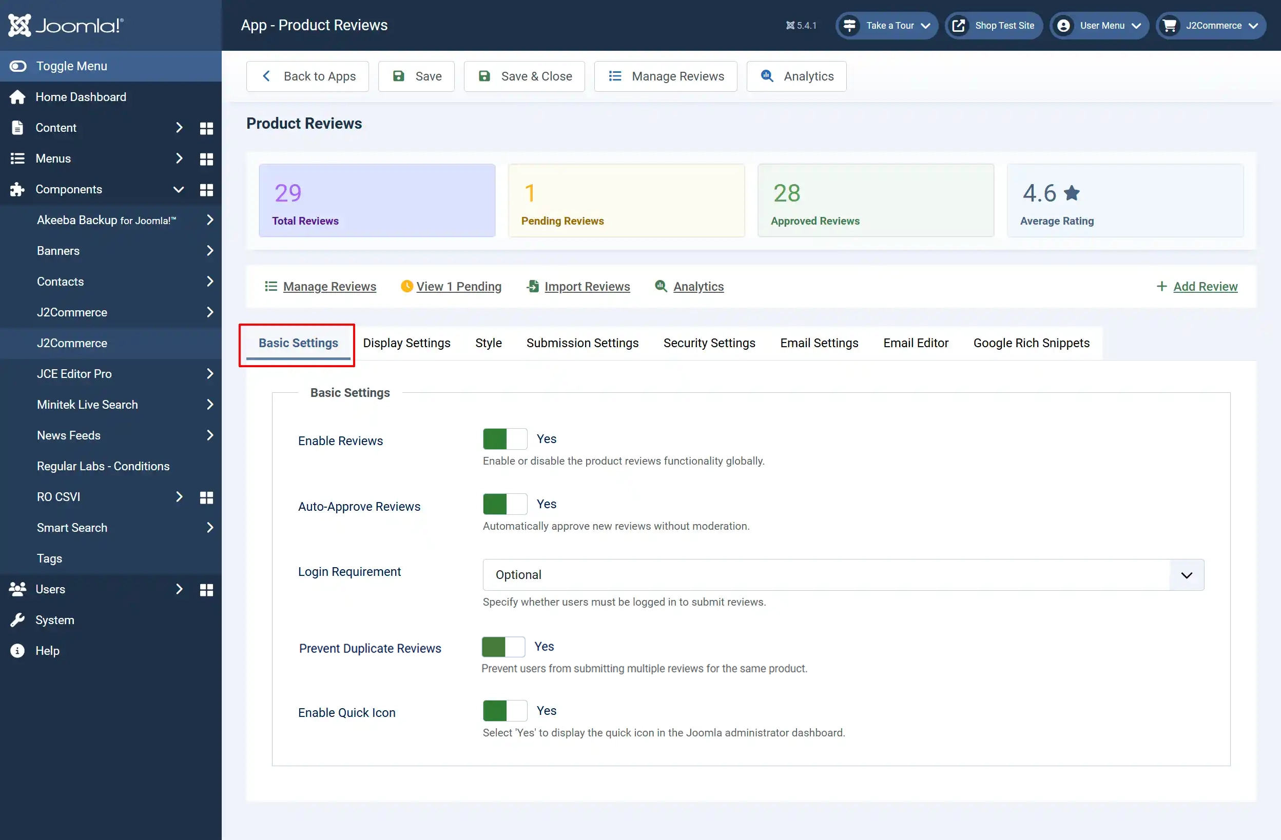 Product Reviews app, Basic Settings tab highlighted: Enable Reviews Yes, Auto-Approve Reviews Yes, Login Requirement Optional, Prevent Duplicate Reviews Yes
