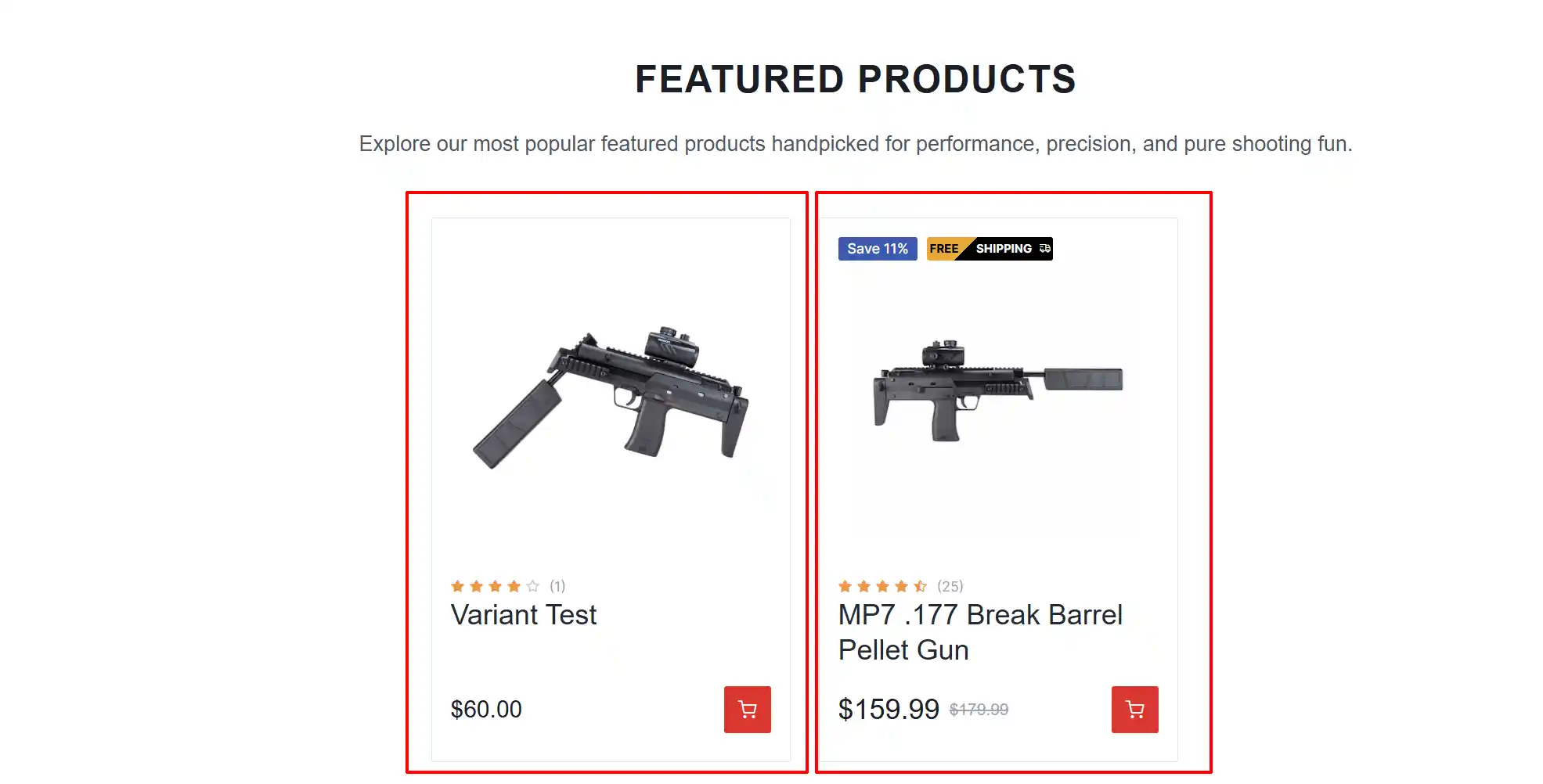 Storefront Featured Products with two product cards highlighted, showing star ratings with review counts above the product title, price and cart button