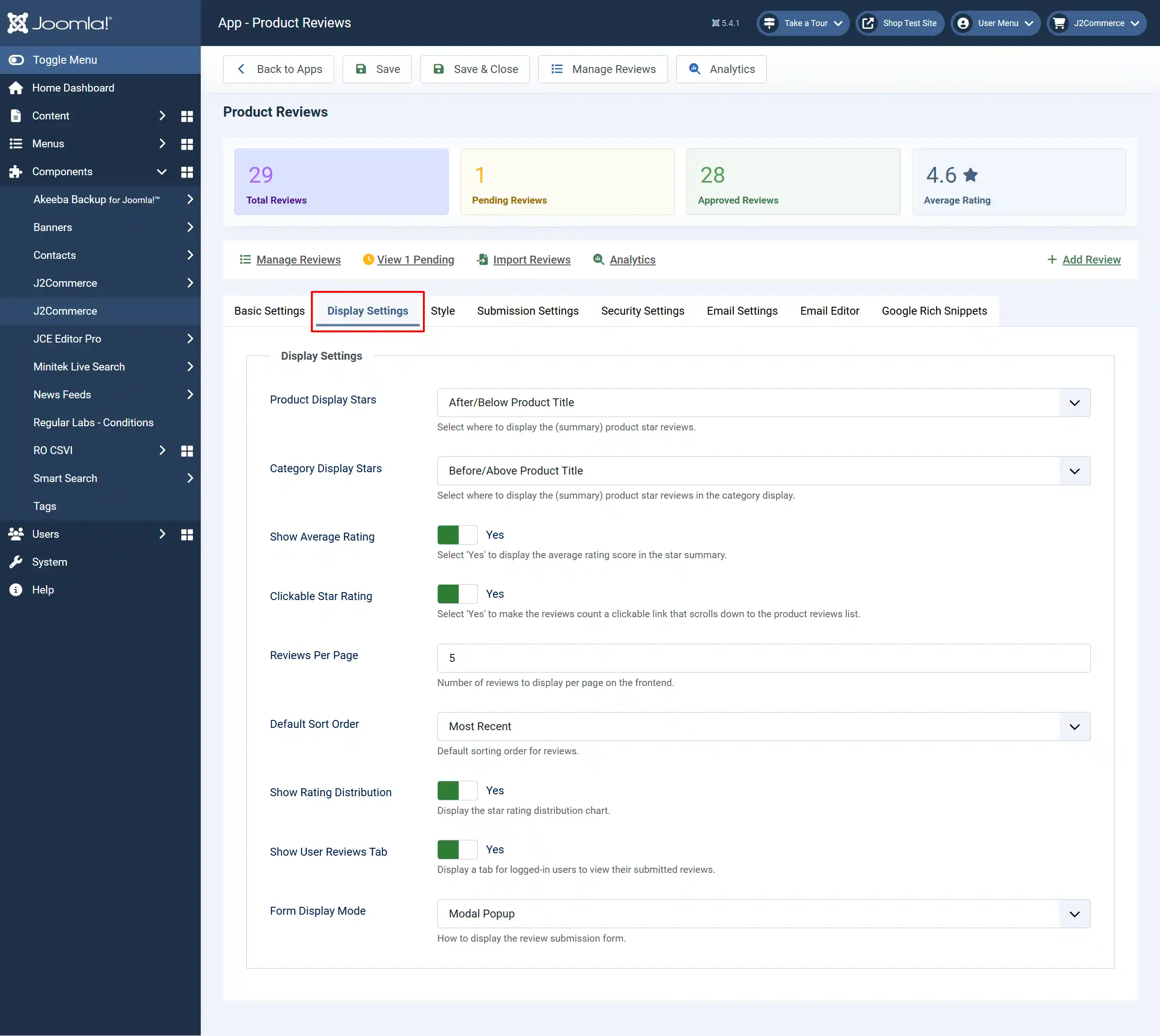 Product Reviews app, Display Settings tab highlighted: star placement, Show Average Rating Yes, Reviews Per Page 5, Default Sort Order Most Recent, Form Display Mode Modal Popup