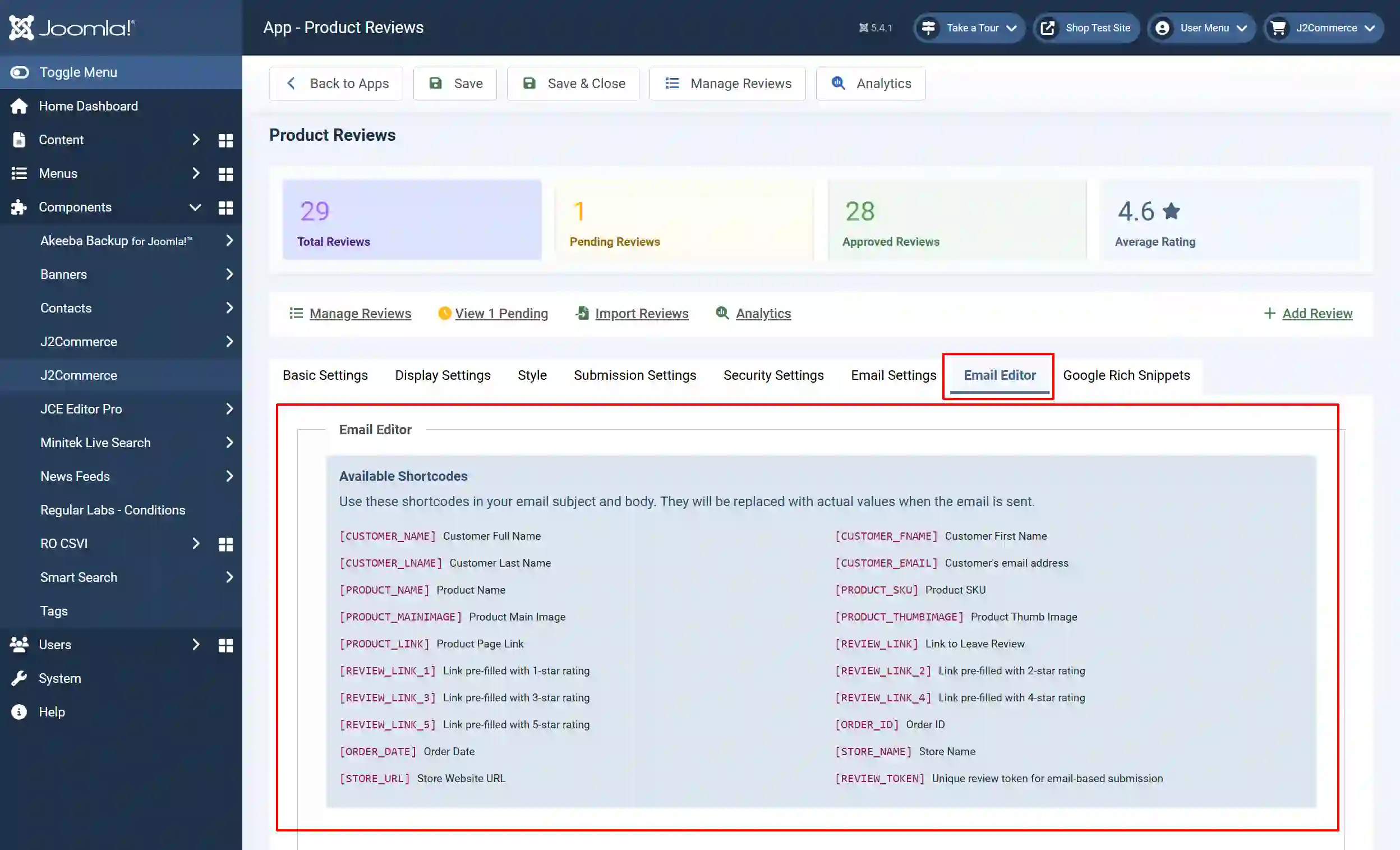 Product Reviews app, Email Editor tab highlighted, with the Available Shortcodes list for customer, product, review link and order values highlighted