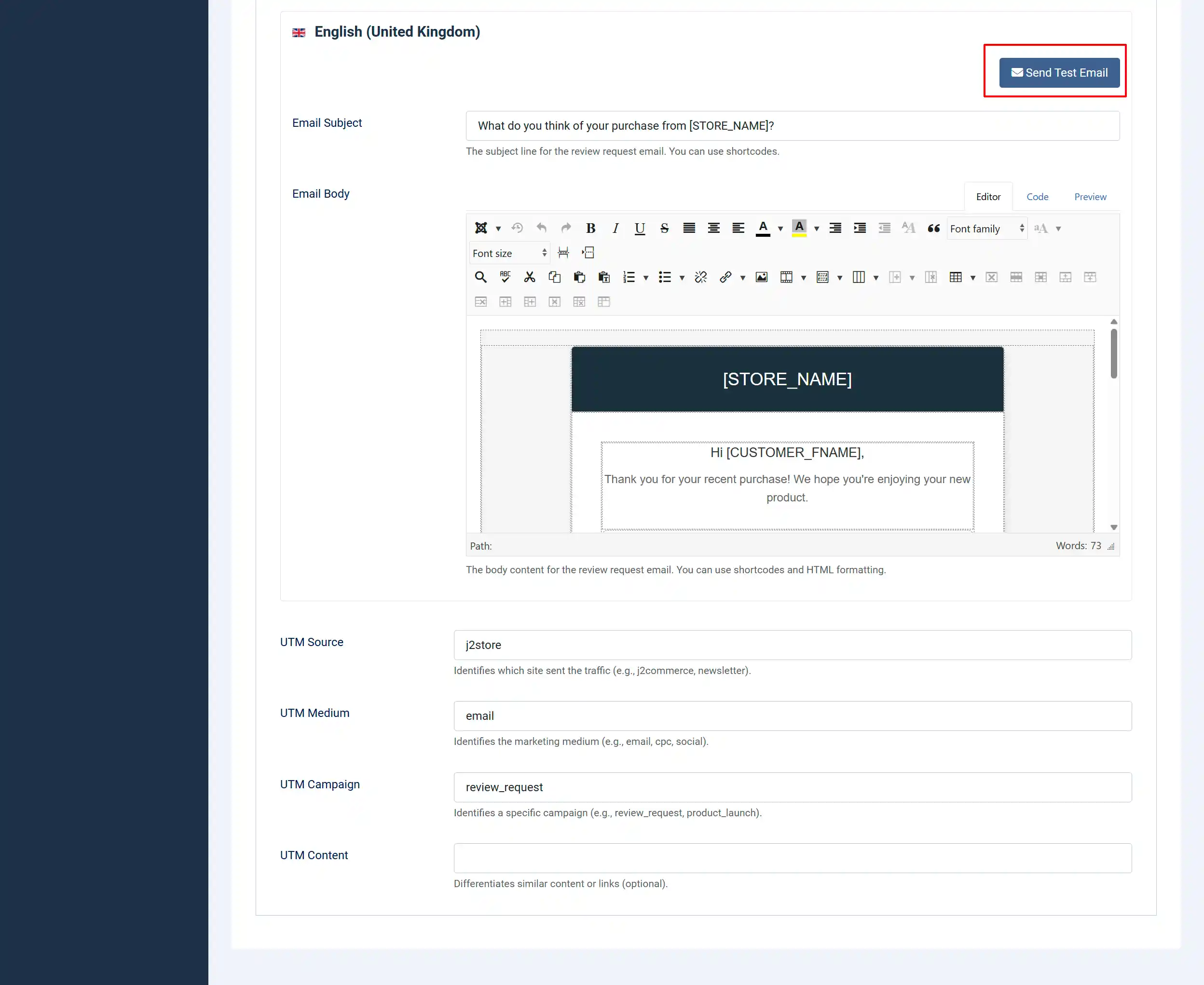 Product Reviews Email Editor with the Send Test Email button highlighted above the Email Subject, Email Body editor and UTM fields