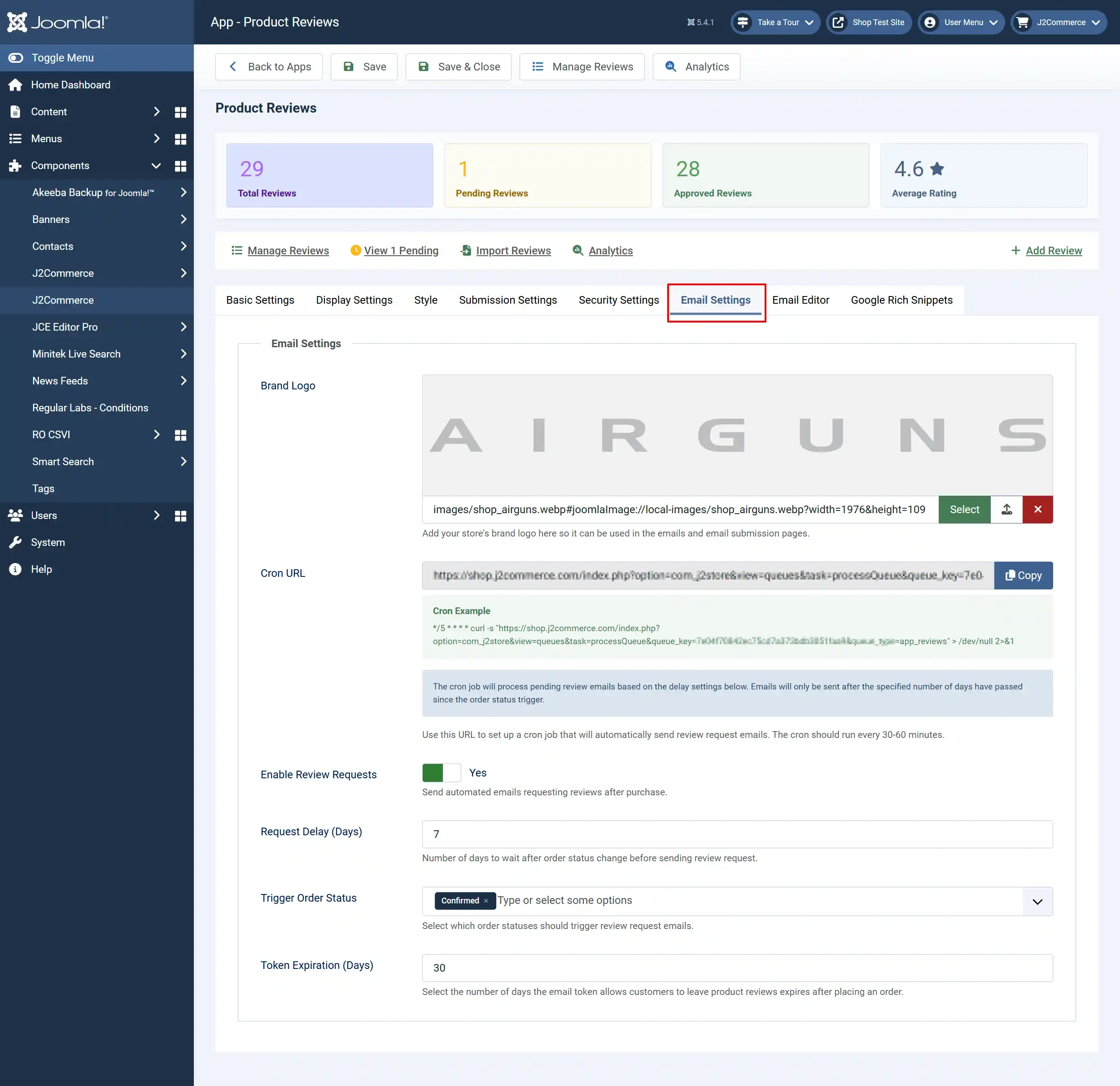 Product Reviews app, Email Settings tab highlighted: Brand Logo, Cron URL with Copy button, Enable Review Requests Yes, Request Delay 7 days, Trigger Order Status Confirmed