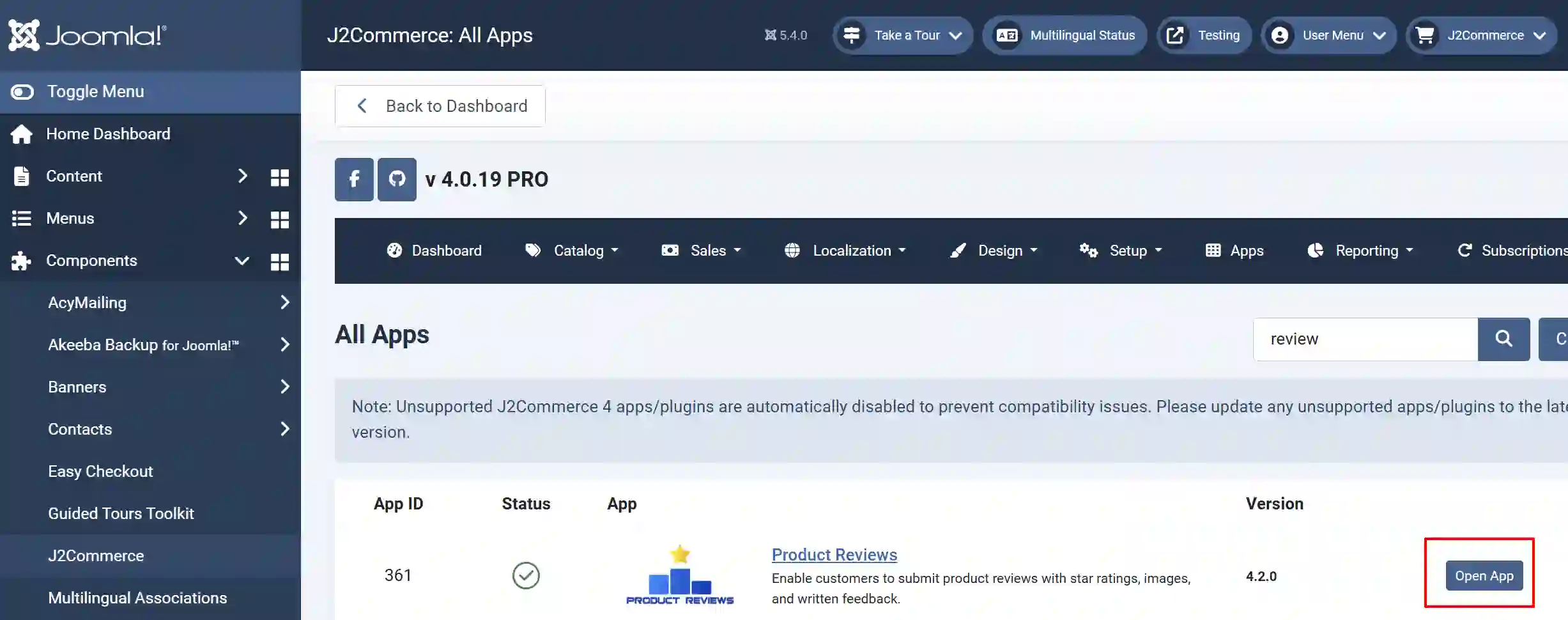 J2Commerce All Apps list searched for "review", with the Open App button highlighted on the enabled Product Reviews row