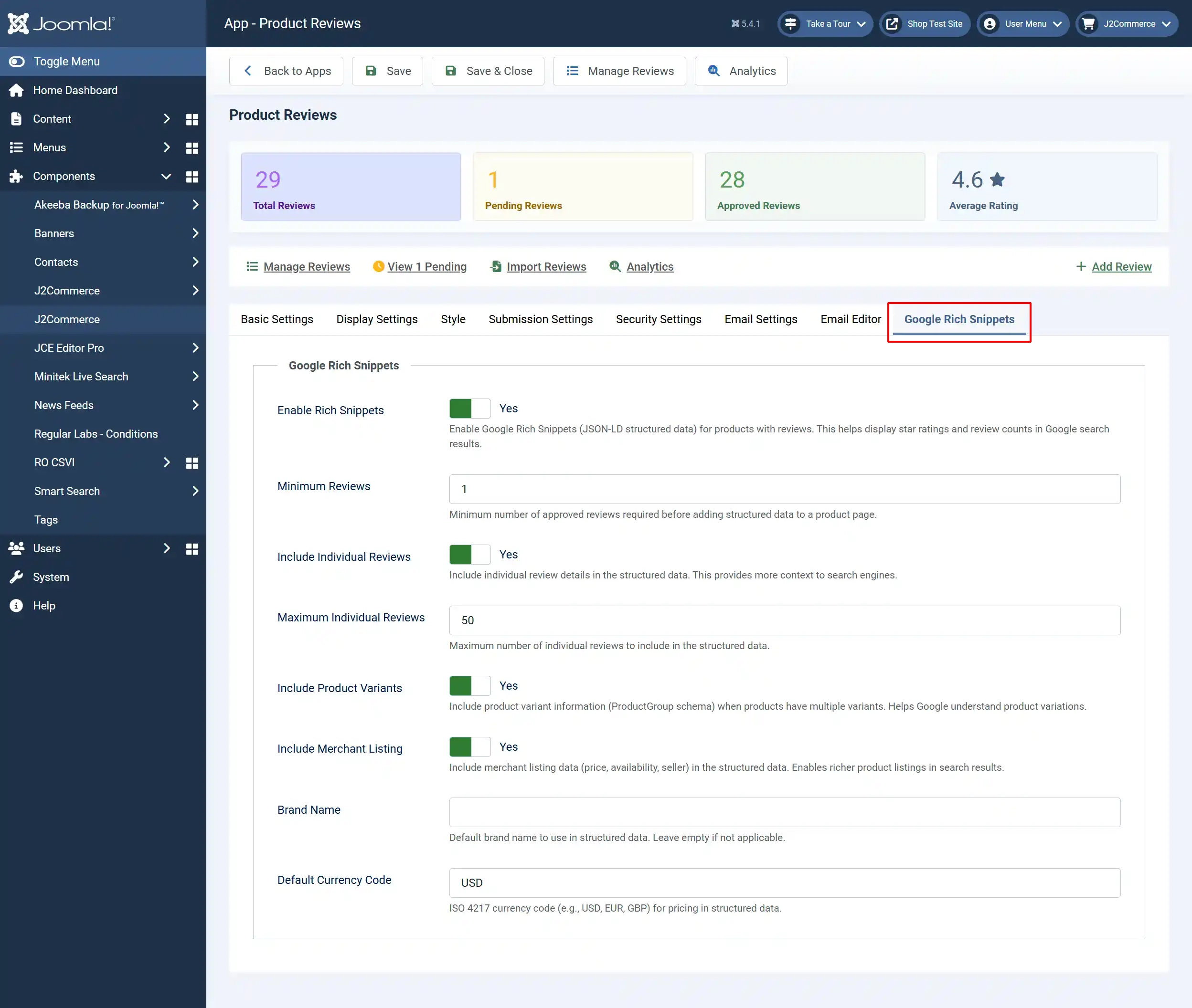 Product Reviews app, Google Rich Snippets tab highlighted: Enable Rich Snippets Yes, Minimum Reviews 1, individual reviews, variants and merchant listing Yes, currency USD