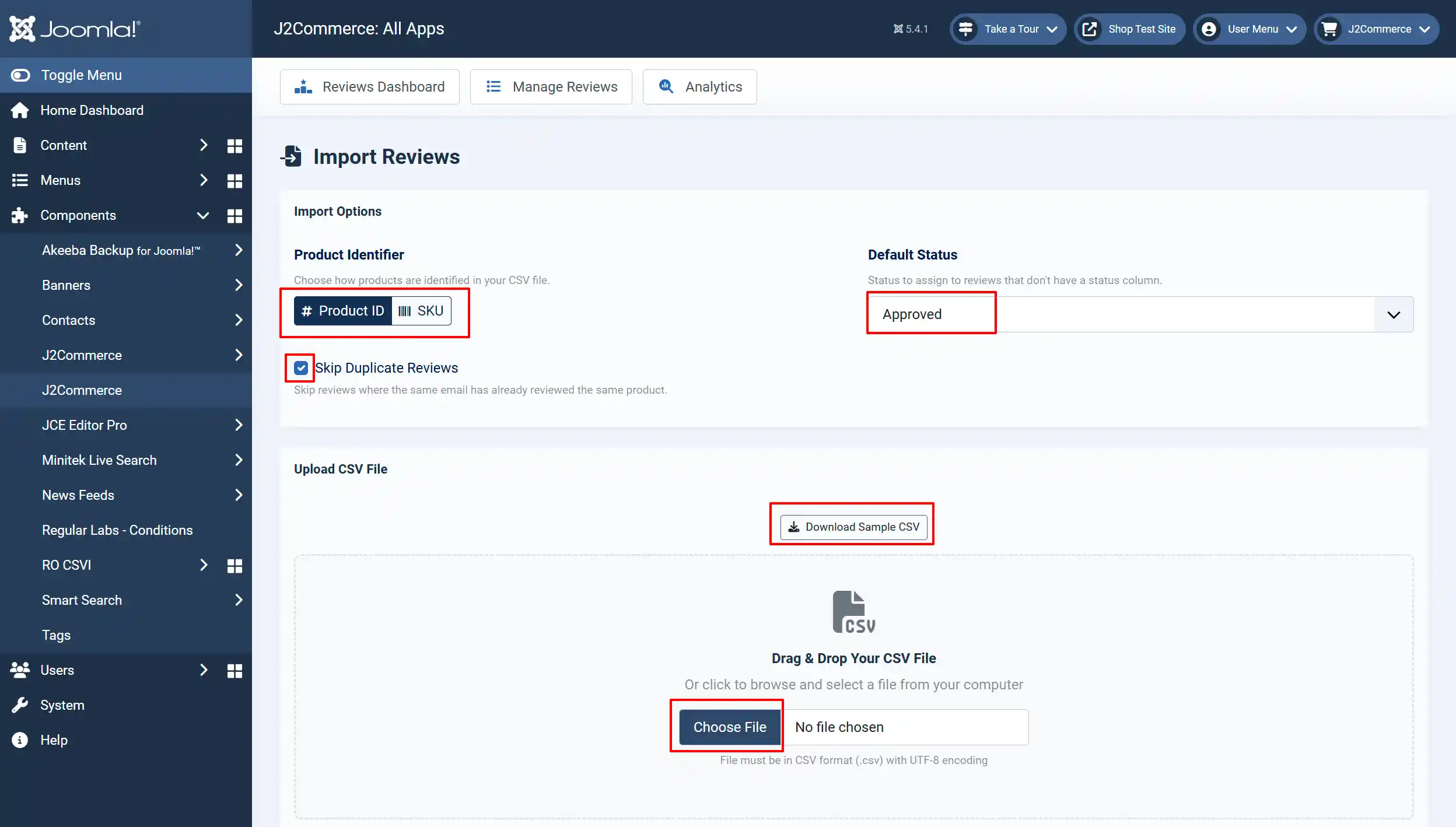 Import Reviews screen with the Product ID or SKU identifier, Default Status Approved, Skip Duplicate Reviews, Download Sample CSV and Choose File controls highlighted