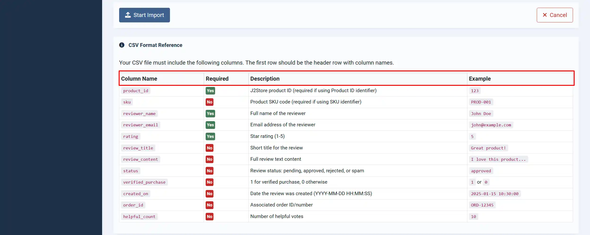 Import Reviews CSV Format Reference table with Column Name, Required, Description and Example columns highlighted, listing fields such as product_id, rating and status