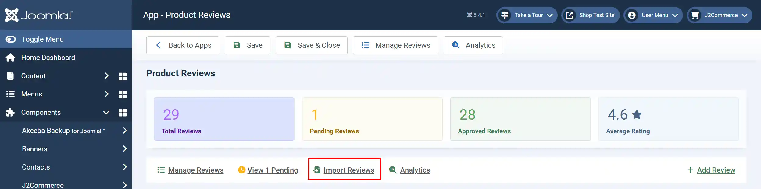 Product Reviews app summary and links bar with the Import Reviews link highlighted next to Manage Reviews, View Pending and Analytics