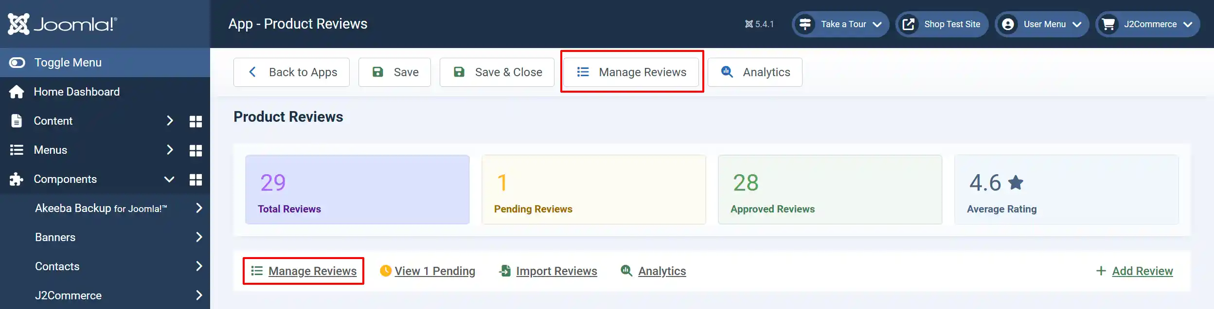 Product Reviews app with the Manage Reviews toolbar button and the Manage Reviews link highlighted above Total, Pending, Approved and Average Rating cards