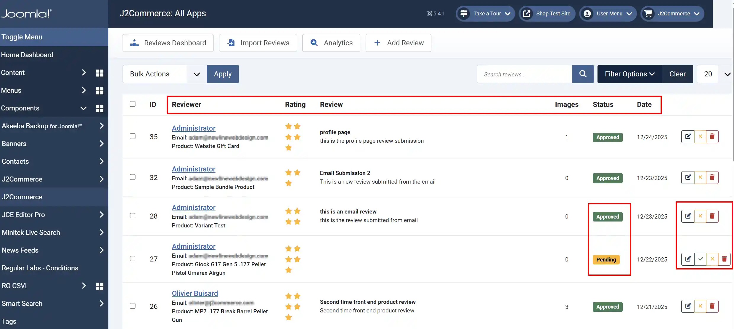 Manage Reviews list with Reviewer, Rating, Review, Images, Status and Date columns highlighted, plus Status badges and row action buttons for a pending review