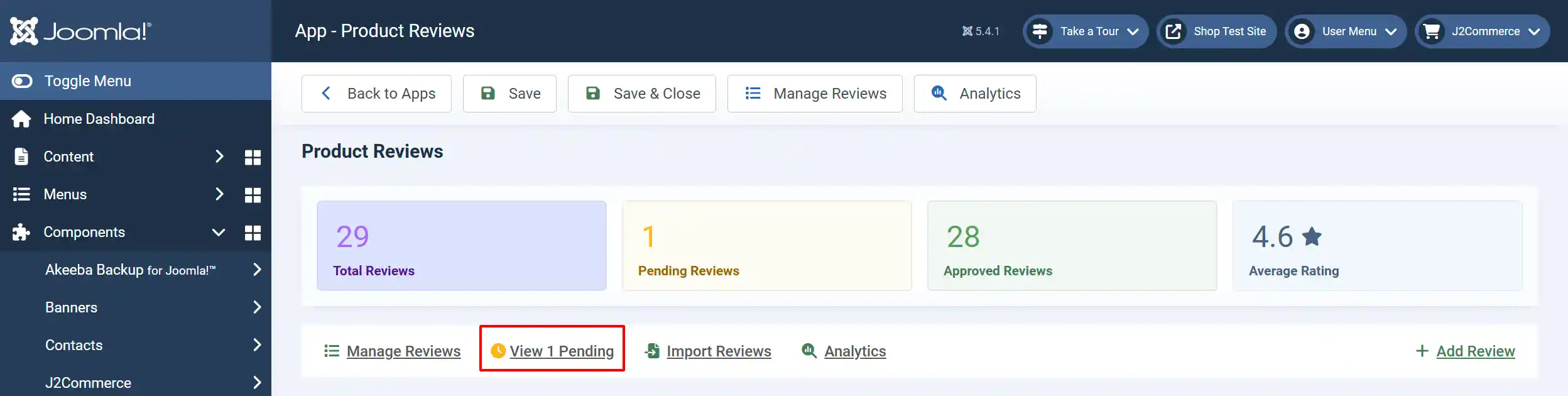 Product Reviews app with the View 1 Pending link highlighted beside Manage Reviews, Import Reviews and Analytics