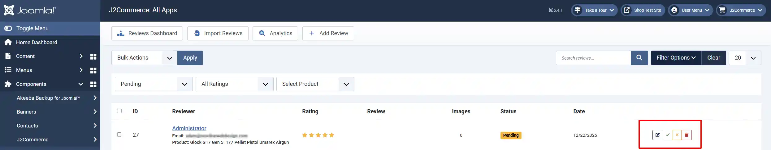 Manage Reviews list filtered to Pending, with the row action buttons (edit, approve, reject, delete) highlighted for the pending review