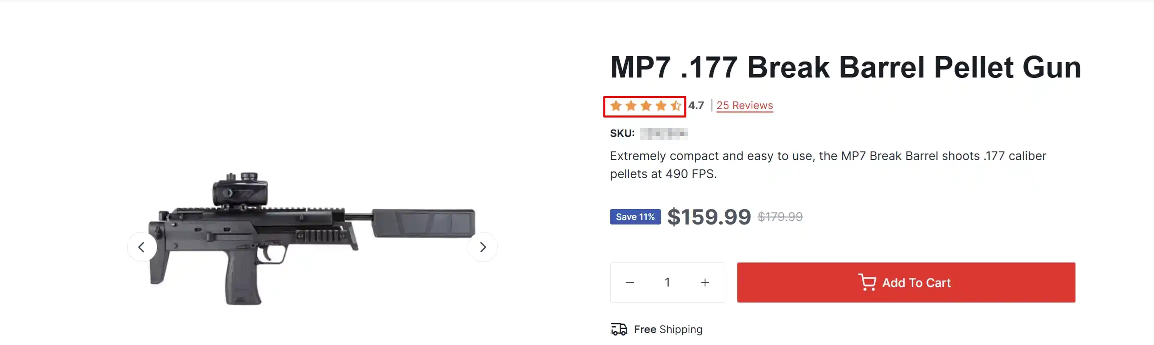 Product page for MP7 .177 Break Barrel Pellet Gun with the star rating icons highlighted beside the 4.7 score and 25 Reviews link