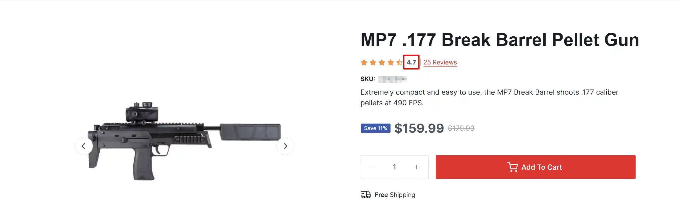 Product page for MP7 .177 Break Barrel Pellet Gun with the 4.7 average rating number highlighted next to the stars