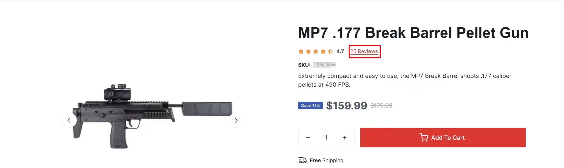 Product page for MP7 .177 Break Barrel Pellet Gun with the clickable 25 Reviews link highlighted next to the stars