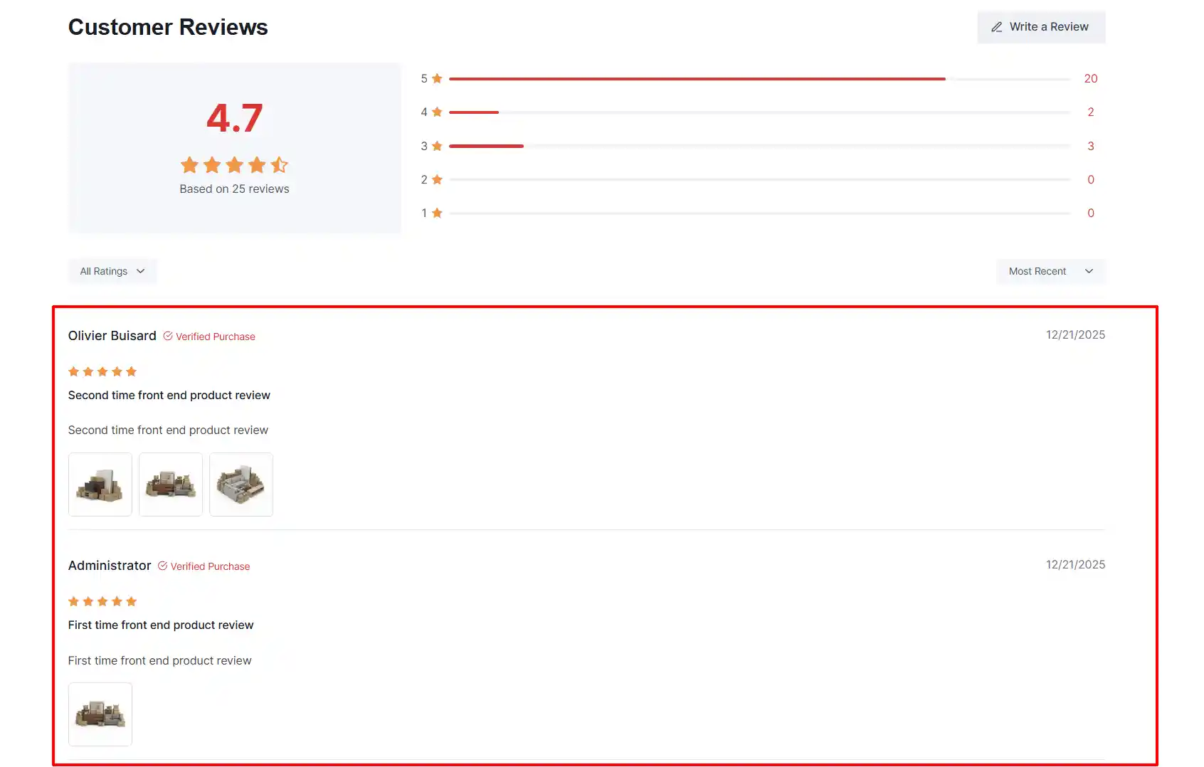 Customer Reviews section with the list of individual reviews highlighted, showing reviewer name, Verified Purchase tag, stars, text and photos