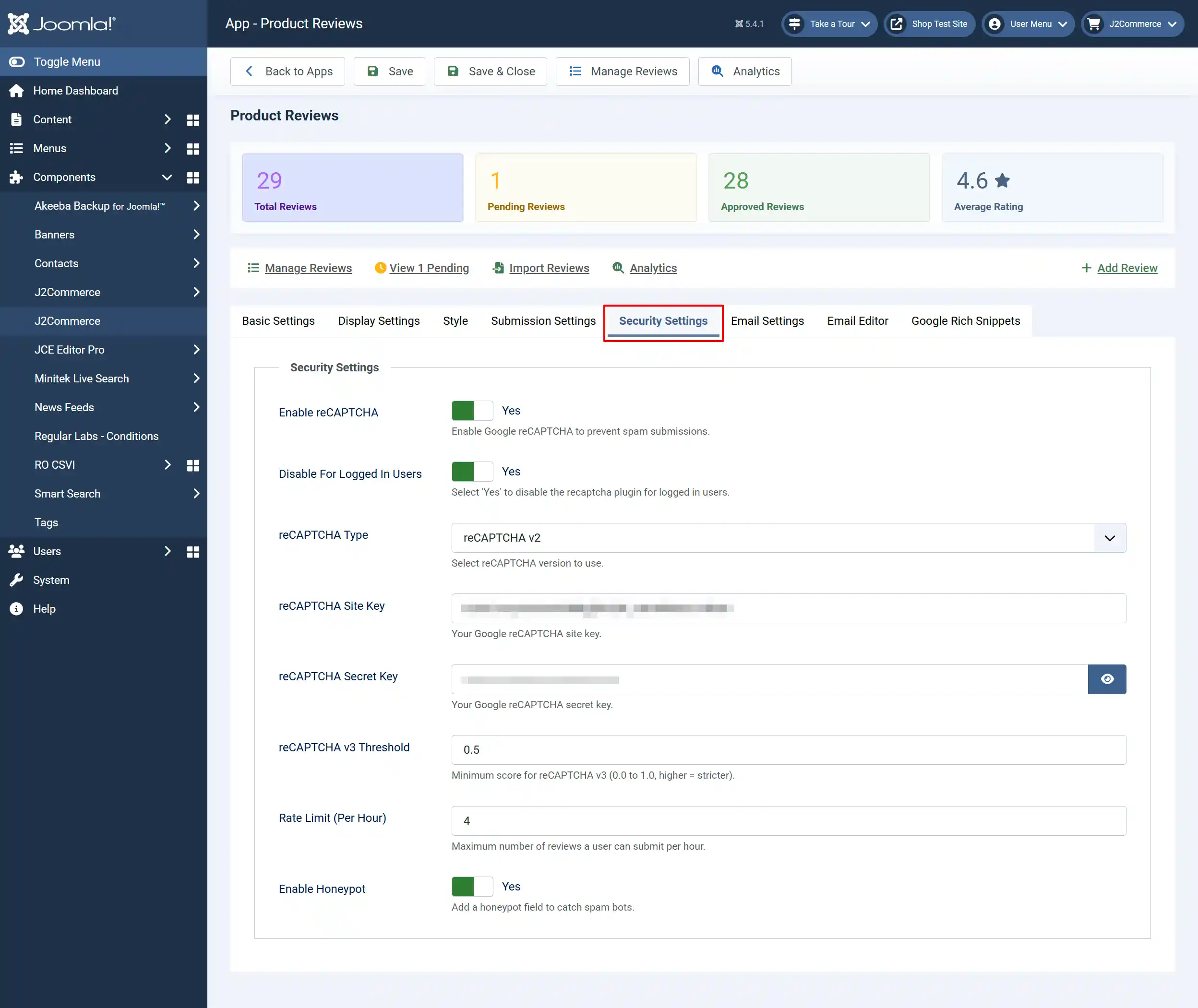 Product Reviews app, Security Settings tab highlighted: reCAPTCHA enabled, type reCAPTCHA v2, keys hidden, v3 threshold 0.5, Rate Limit 4 per hour, Honeypot Yes