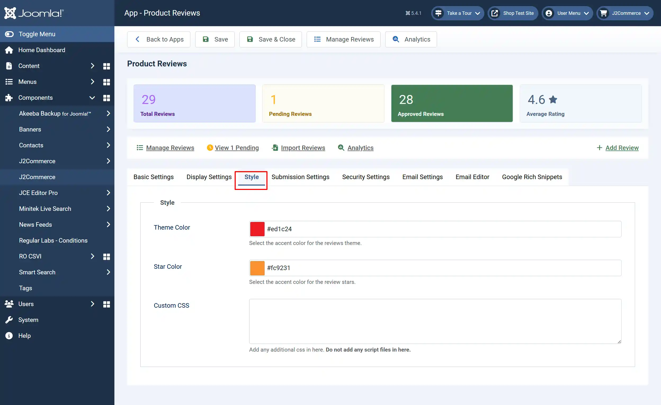 Product Reviews app, Style tab highlighted: Theme Color and Star Color color fields with hex values and an empty Custom CSS box