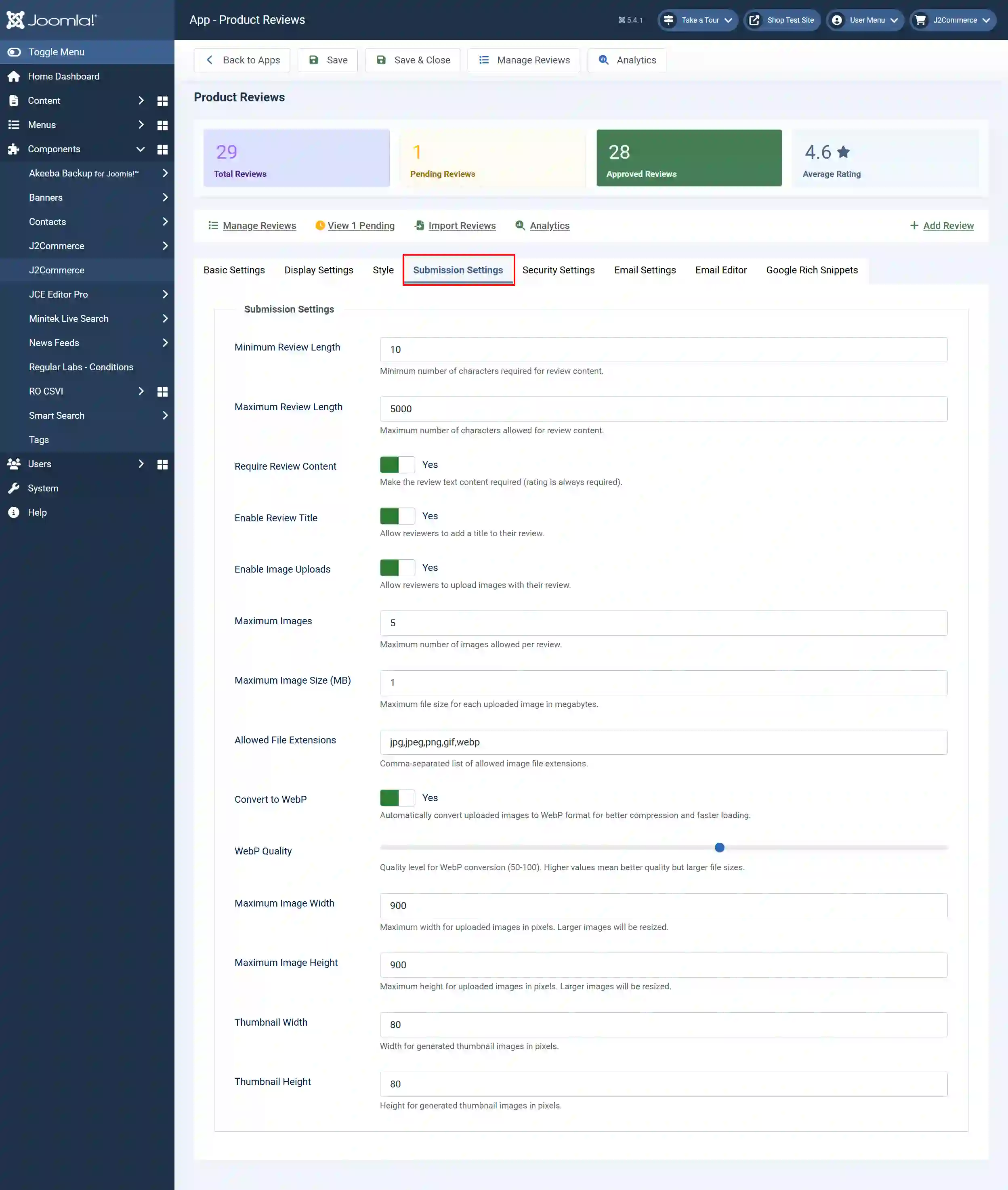 Product Reviews app, Submission Settings tab highlighted: review length limits, title and image upload toggles Yes, image size and dimension limits, Convert to WebP Yes