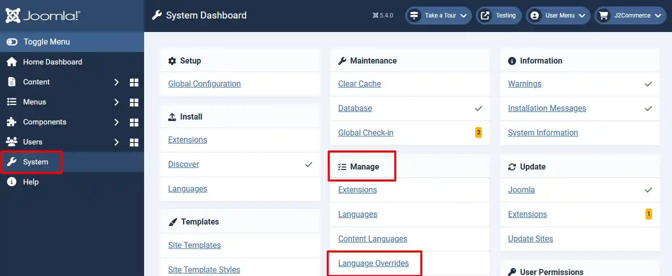 Joomla System Dashboard with System, the Manage group and the Language Overrides link highlighted