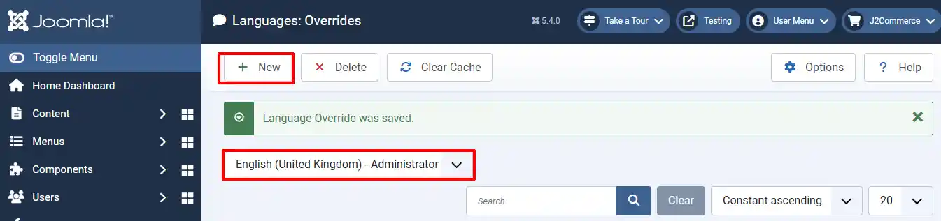 Joomla Languages: Overrides list showing the saved message, with the New button and the English (United Kingdom) - Administrator selector highlighted