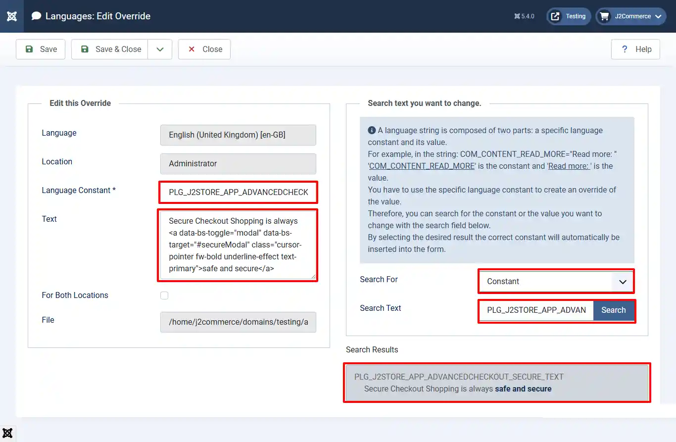 Languages: Edit Override form with the Safe and Secure link text constant, its Text value, and the Constant search and result highlighted