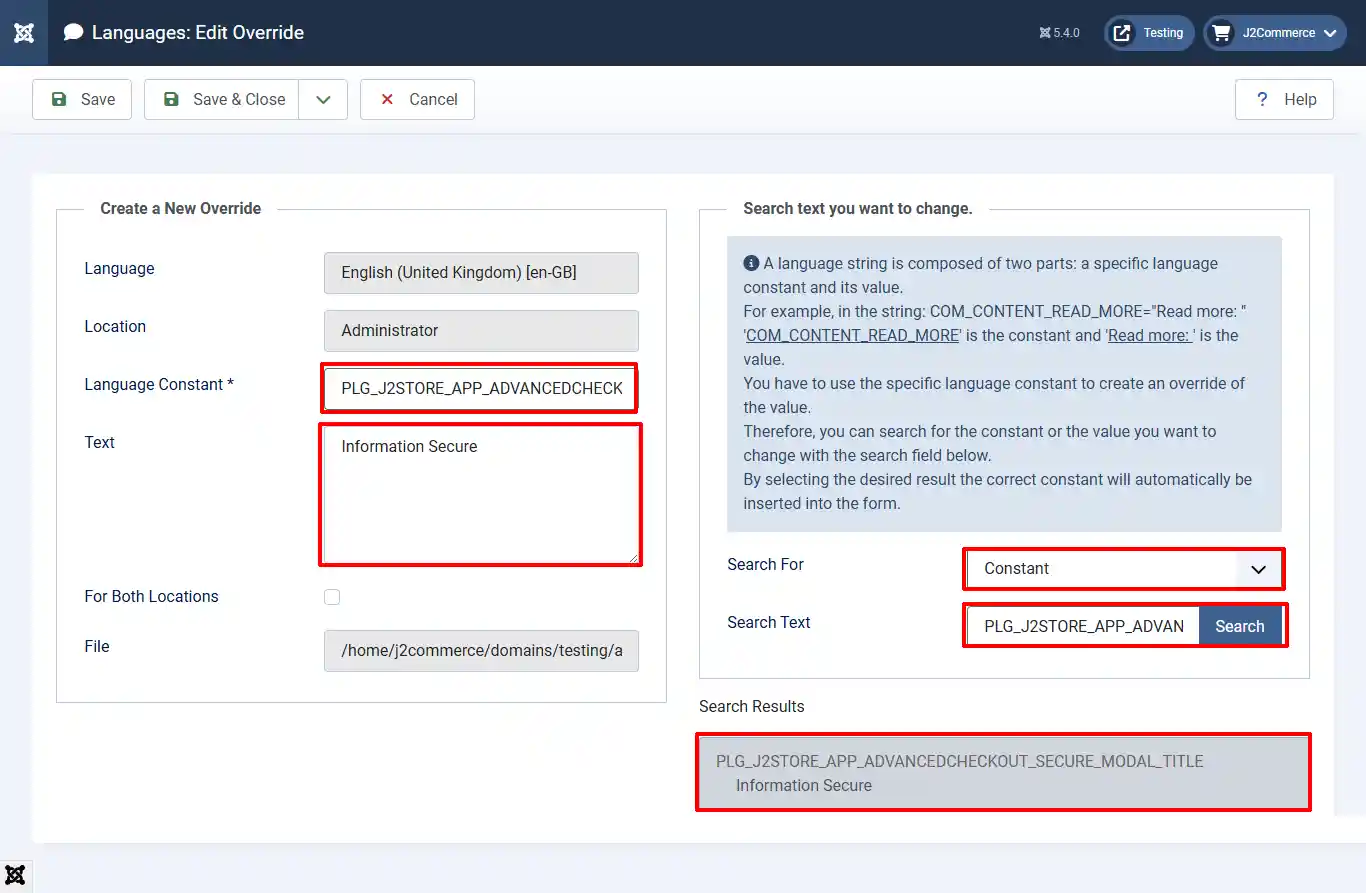 Languages: Create a New Override form for the secure modal title constant with Text set to Information Secure, search and result highlighted