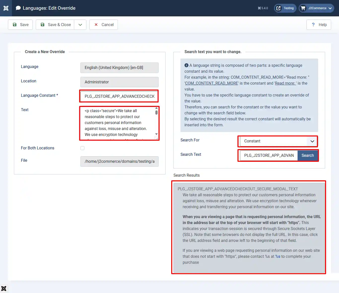 Languages: Create a New Override form for the secure modal text constant, with its Text and the matching search result highlighted