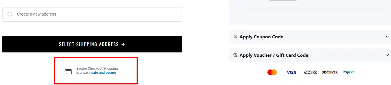 Checkout page with the Secure Checkout Shopping is always safe and secure link highlighted under the Select Shipping Address button