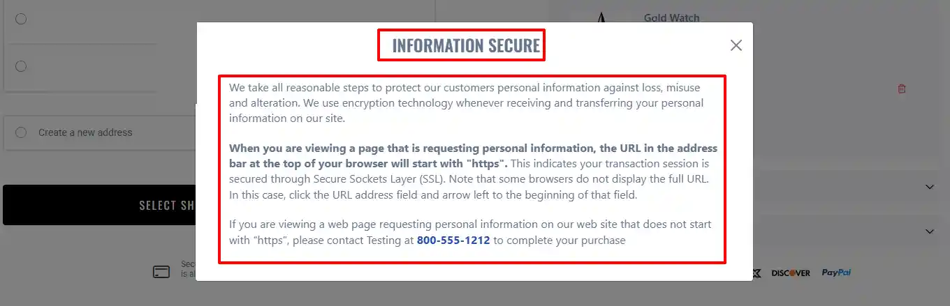 Checkout page modal titled Information Secure, with the title and the customized body text and phone number highlighted