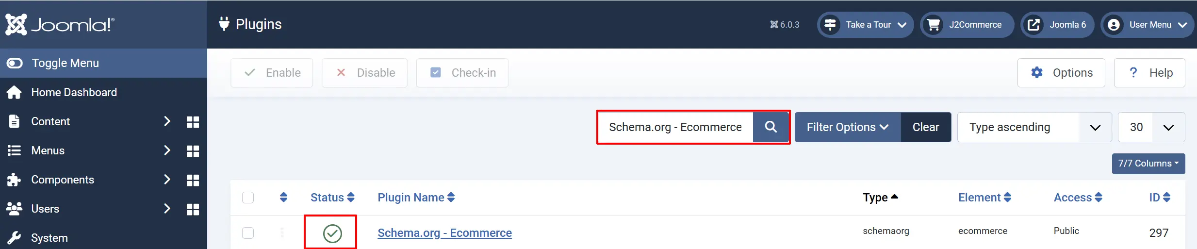 Plugins list filtered by "Schema.org - Ecommerce" in the search box, with the plugin Status icon highlighted as enabled
