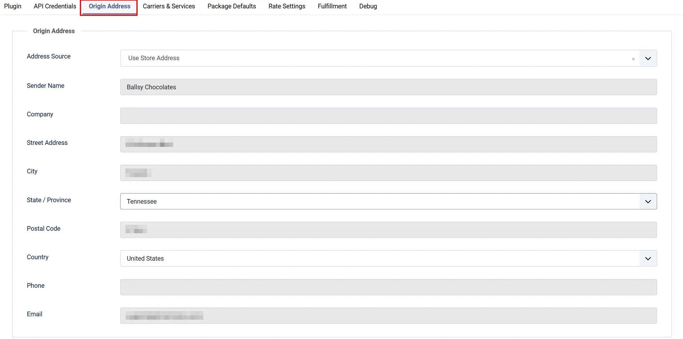 Shippo plugin Origin Address tab highlighted: Address Source Use Store Address, sender, company, street, city, State Tennessee, postal code, Country United States, phone, email