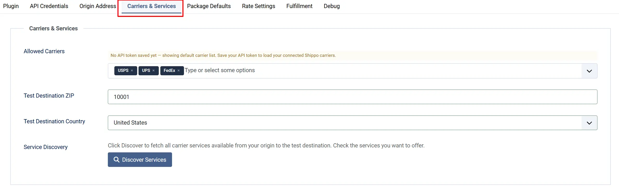 Shippo plugin Carriers & Services tab highlighted: Allowed Carriers USPS, UPS, FedEx, Test Destination ZIP, Country United States, and a Discover Services button