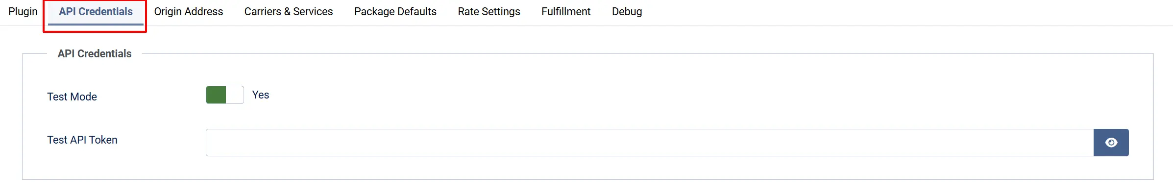 Shippo plugin API Credentials tab highlighted: Test Mode Yes and an empty Test API Token field with a show button