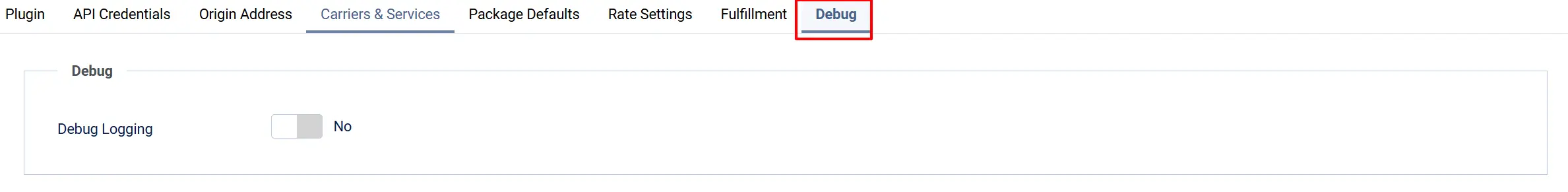 Shippo plugin Debug tab highlighted: Debug Logging set to No
