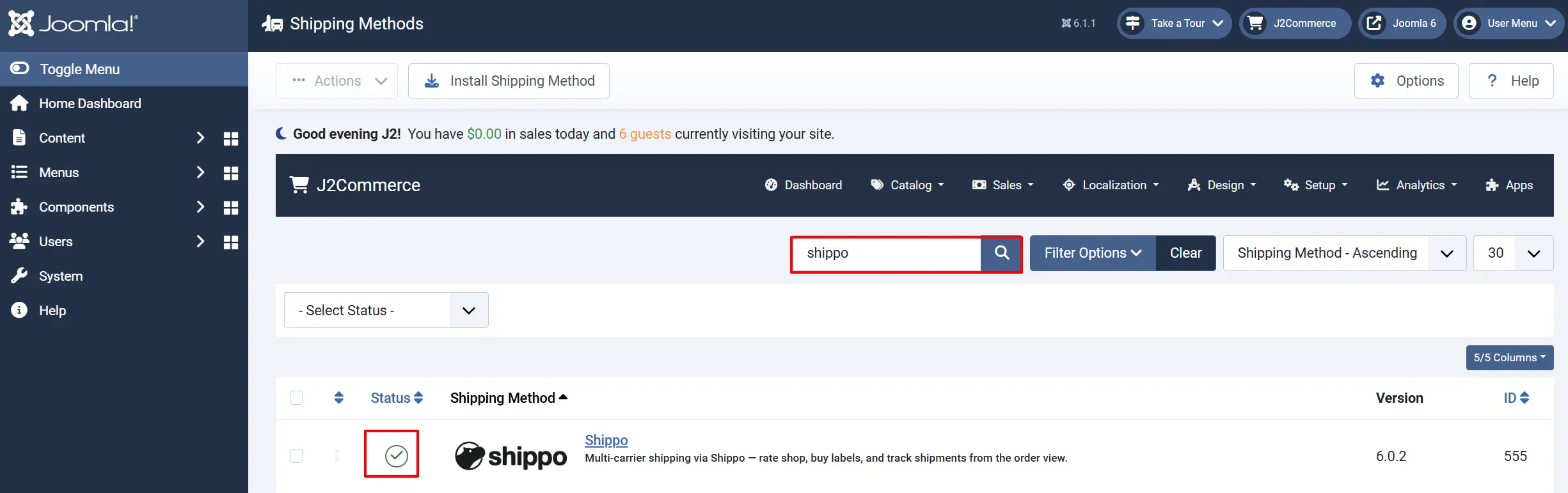 Shipping Methods list searched for shippo, search box highlighted, with the Shippo plugin's enabled status check mark highlighted