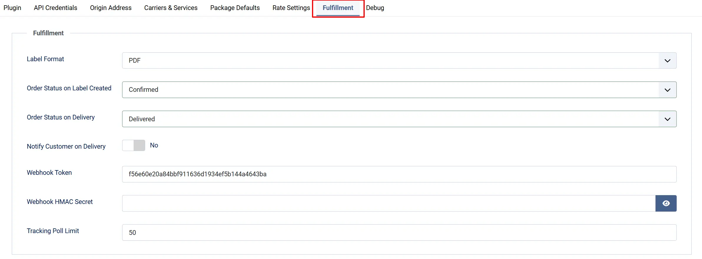 Shippo plugin Fulfillment tab highlighted: Label Format PDF, Order Status on Label Created Confirmed, on Delivery Delivered, Notify Customer No, Webhook Token, Poll Limit 50