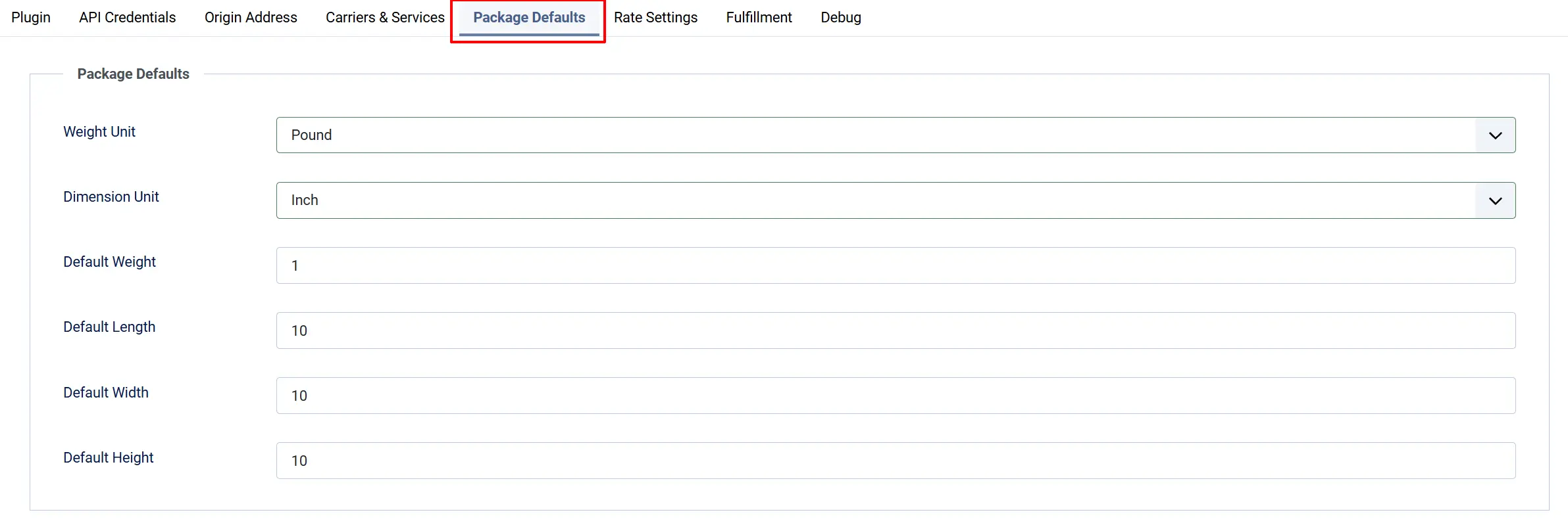 Shippo plugin Package Defaults tab highlighted: Weight Unit Pound, Dimension Unit Inch, Default Weight 1, Default Length, Width and Height 10