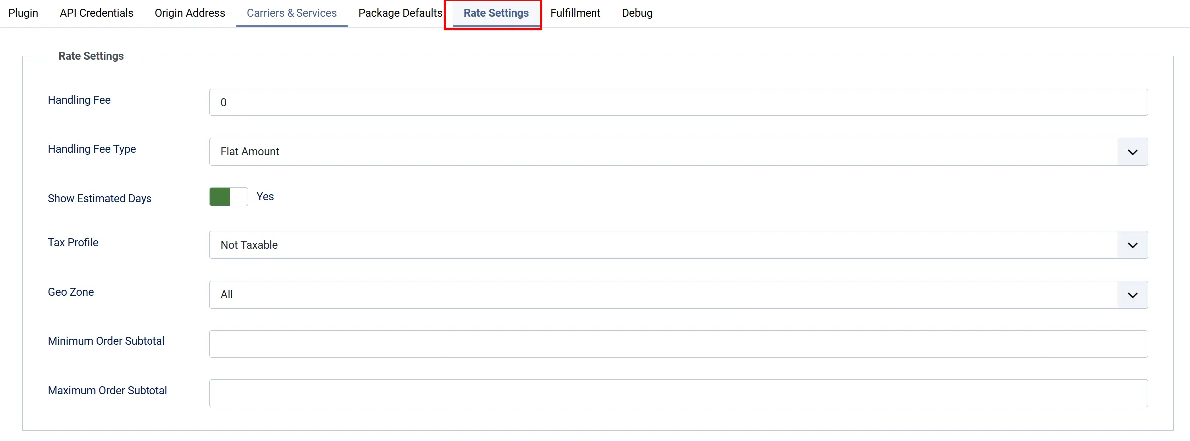 Shippo plugin Rate Settings tab highlighted: Handling Fee 0 Flat Amount, Show Estimated Days Yes, Tax Profile Not Taxable, Geo Zone All, empty order subtotal limits
