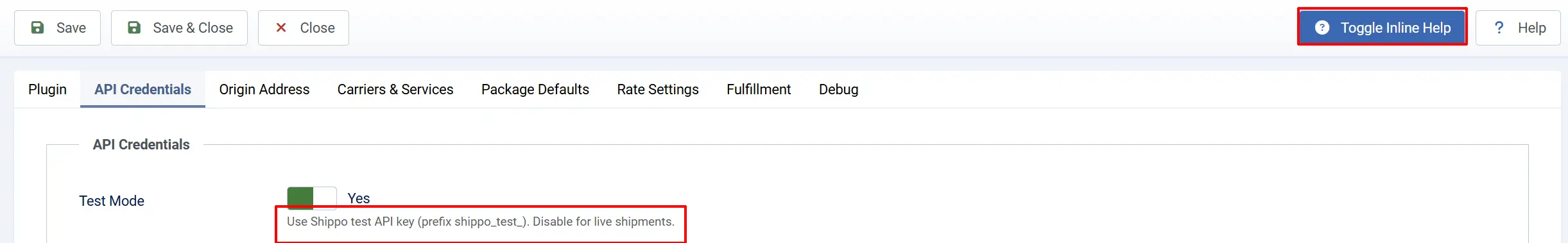 Shippo plugin API Credentials with Toggle Inline Help highlighted and help text shown: use a Shippo test API key with the shippo_test_ prefix, disable for live shipments