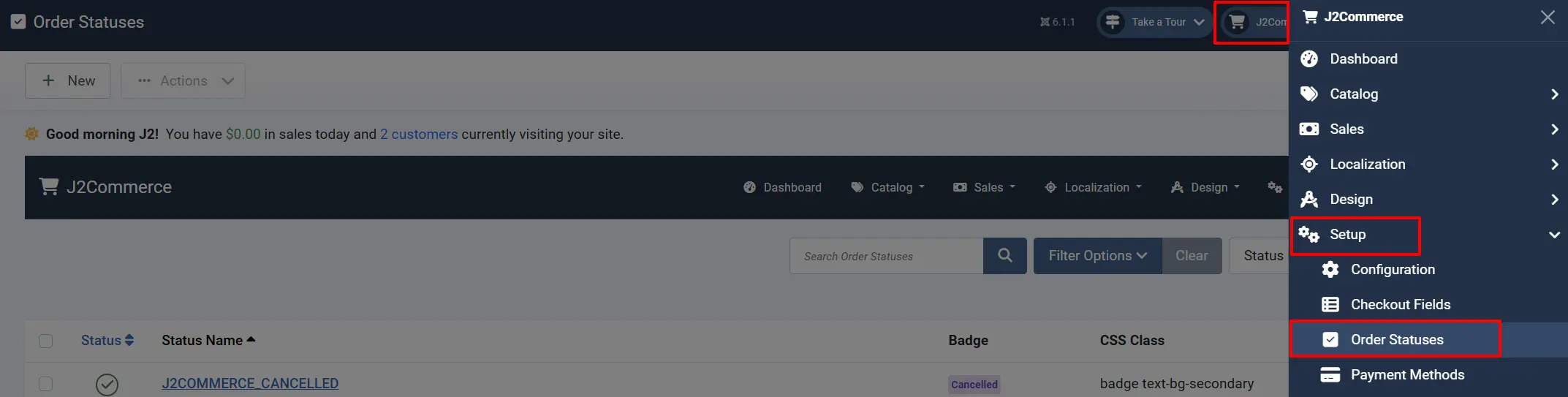 J2Commerce Order Statuses list with the J2Commerce menu open at the right, highlighting Setup and its Order Statuses item