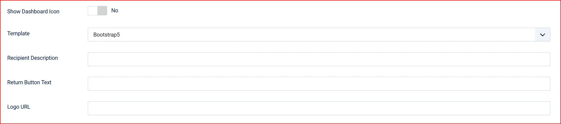 Skrill plugin settings: Show Dashboard Icon No, Template Bootstrap5, with empty Recipient Description, Return Button Text and Logo URL fields