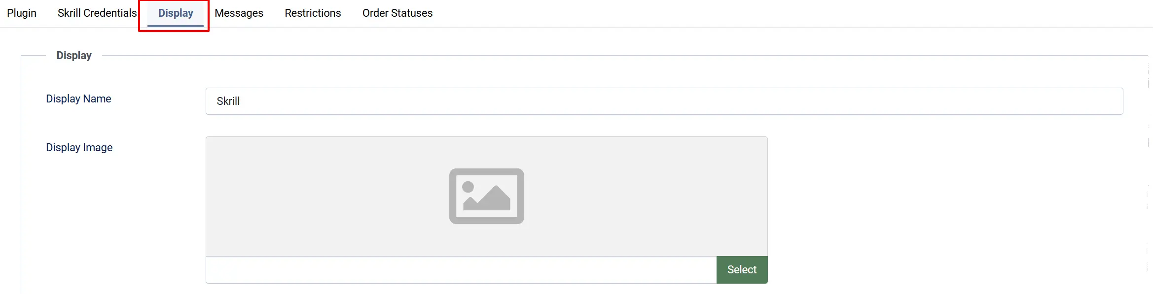 Skrill plugin, Display tab highlighted: Display Name Skrill and an empty Display Image picker with a Select button