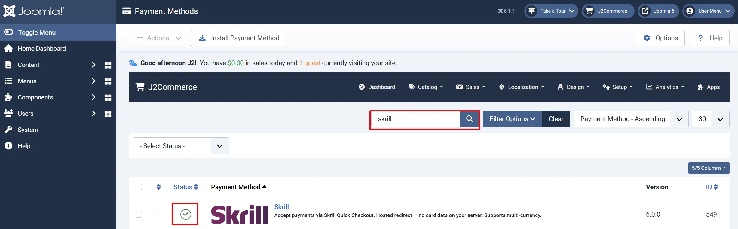 Joomla Payment Methods list searched for "skrill", with the Skrill row's Status checkmark highlighted as enabled